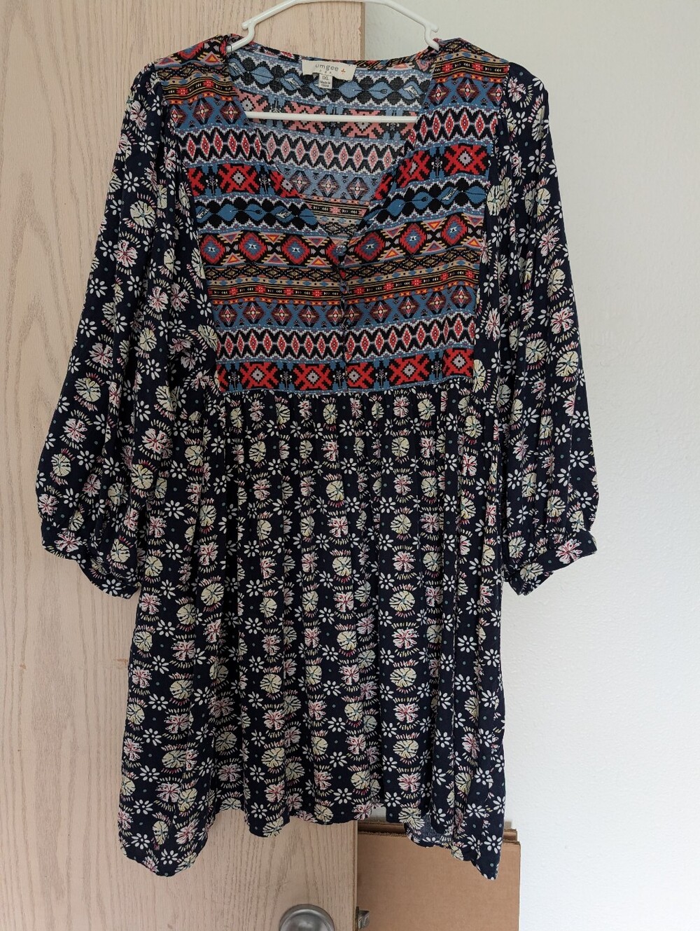 Umgee Brand Boho Floral Geometric Peasant Mini Dress